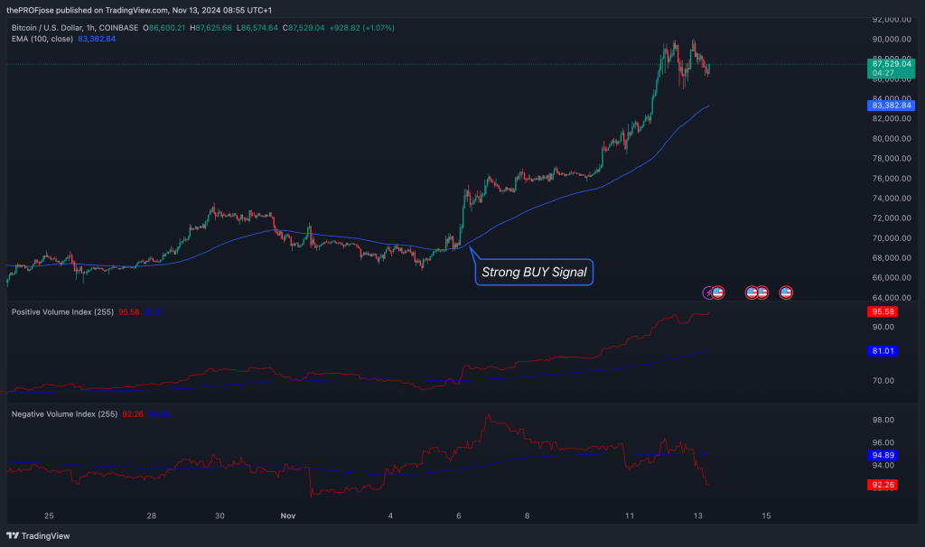 Both PVI and NVI trend upwards showing strong Bullish Sentiment on BTC